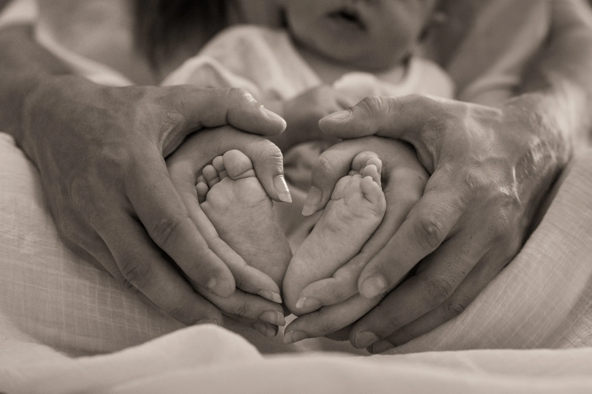 Pieds bébé, enlaçés mains parents en forme de cœur, sepia.
