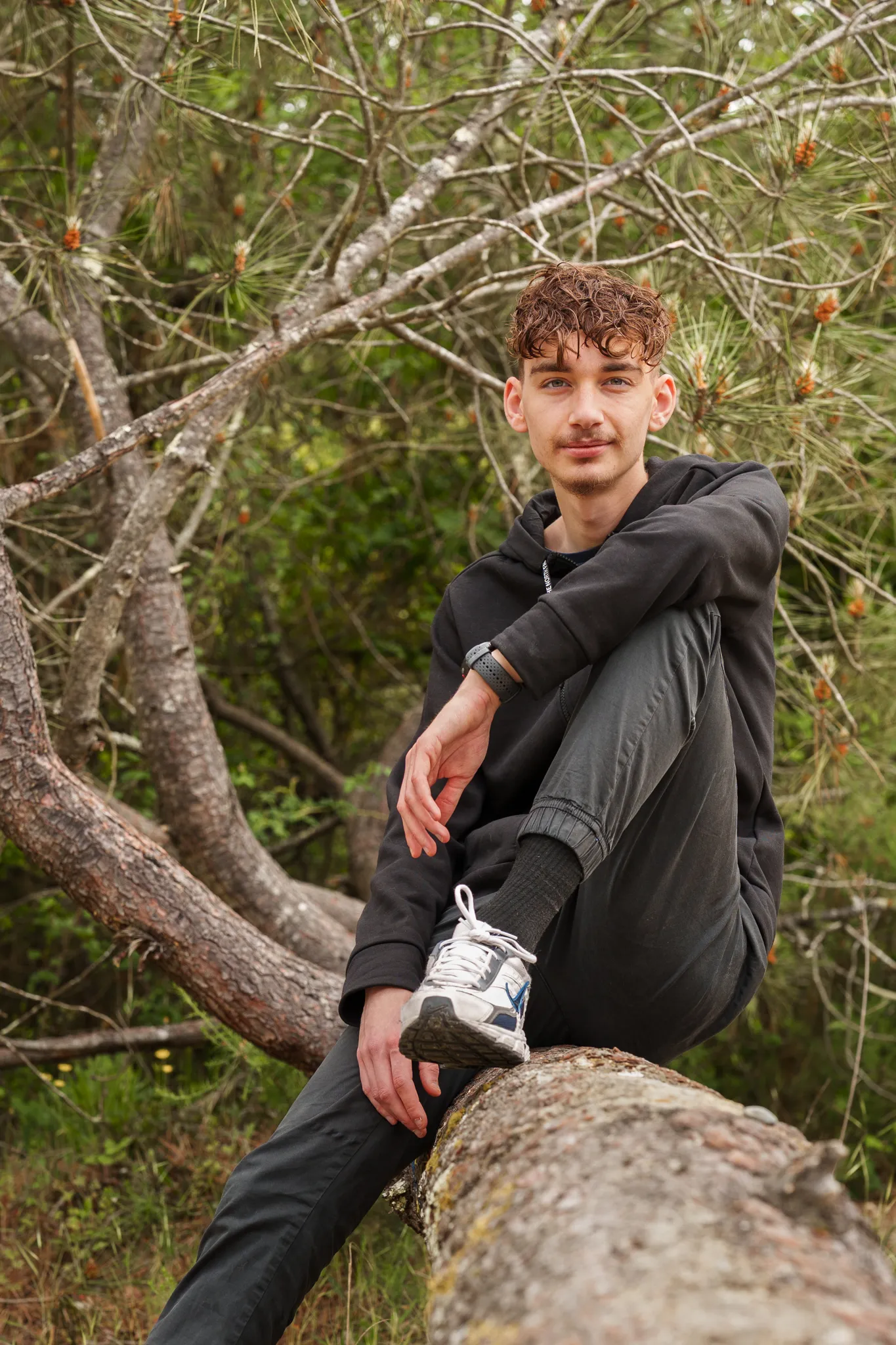 Jeune homme assis sur un tronc d'arbre en forêt, regard pensif.